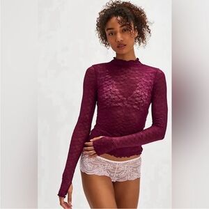 FREE PEOPLE INTIMATELY FROM THE START MOCKNECK LAYERING sheer lace top mesh
